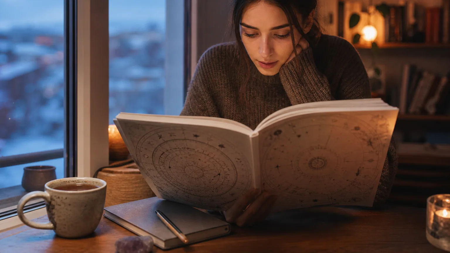 Une jeune femme lit un livre sur l'astrologie près d'une fenêtre à la tombée du jour
