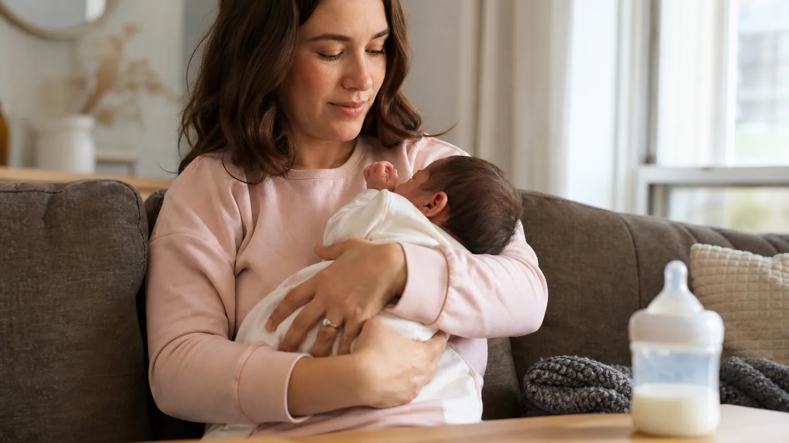 Une jeune mère tient tendrement son nouveau-né près d'un biberon posé sur la table