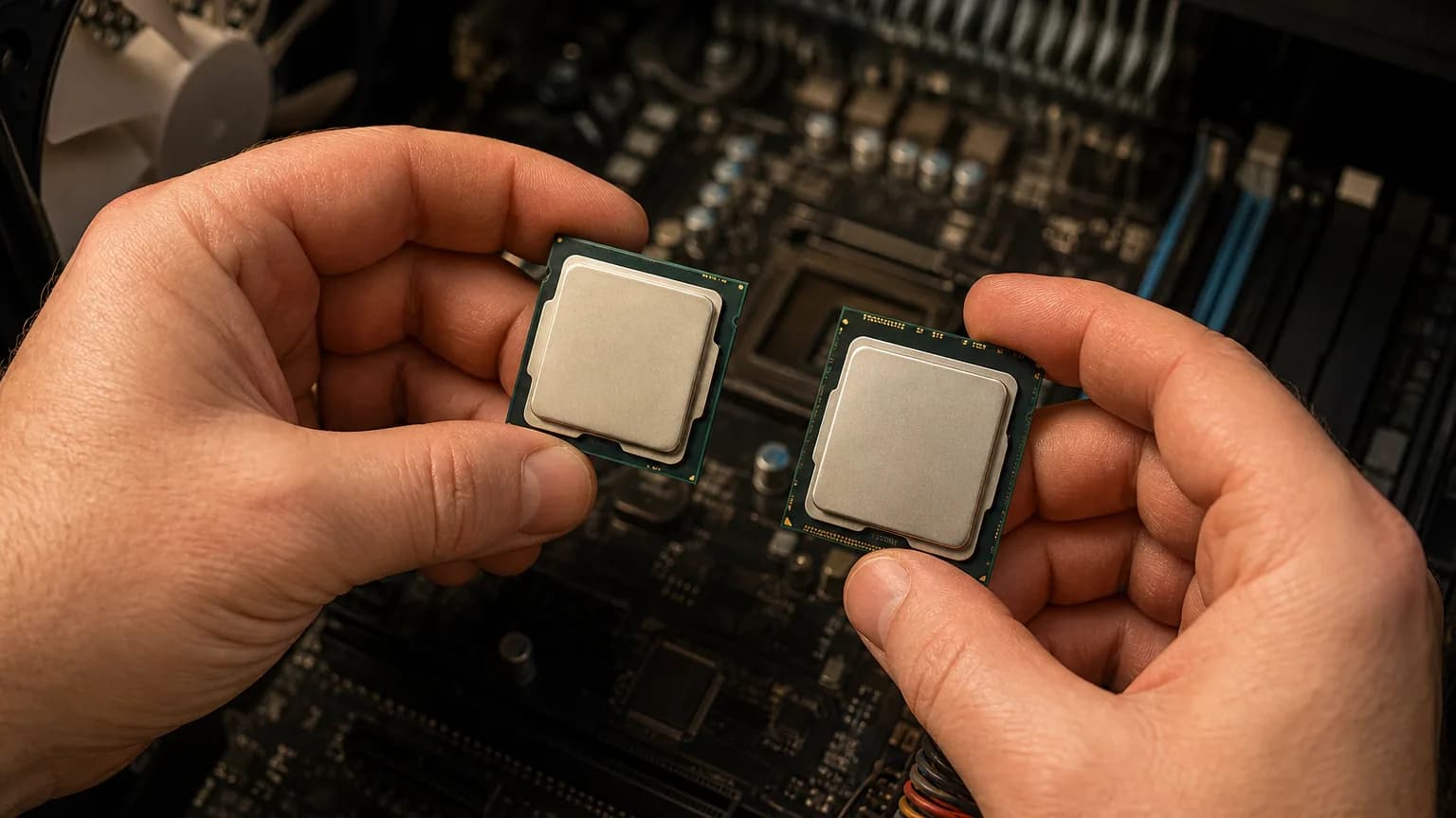Deux processeurs tenus côte à côte au-dessus d'un boîtier PC ouvert