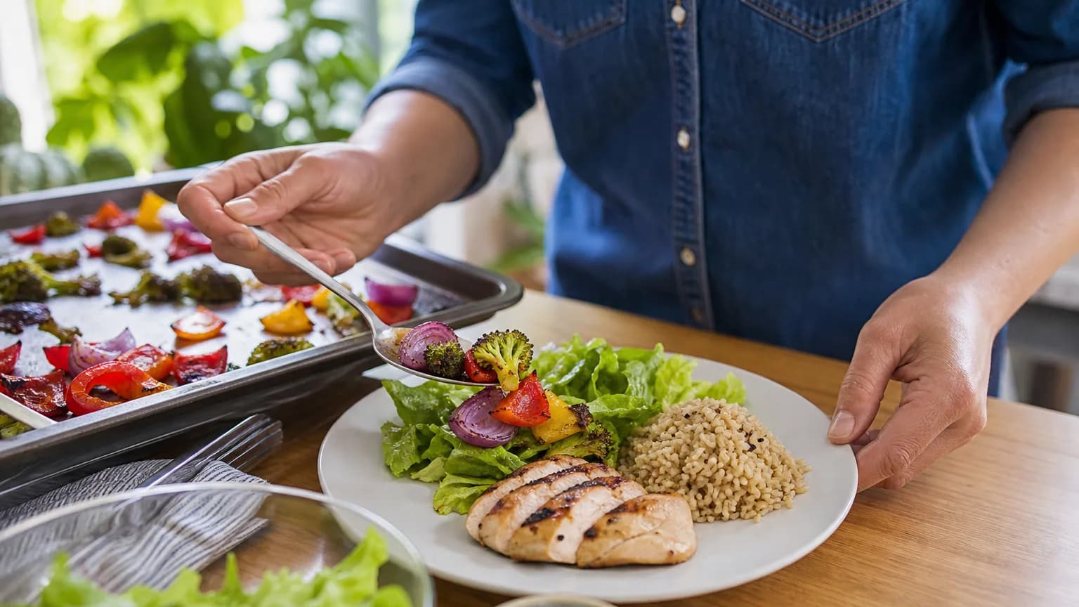 Une assiette blanche moitié remplie de légumes colorés, avec une portion de protéines et de féculents complets