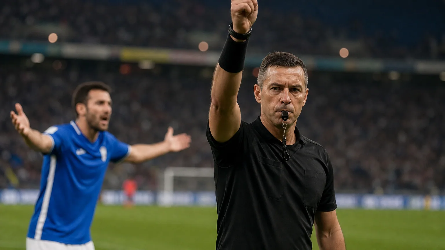 Un arbitre brandit un carton rouge face à un joueur de football sur la pelouse d'un stade.