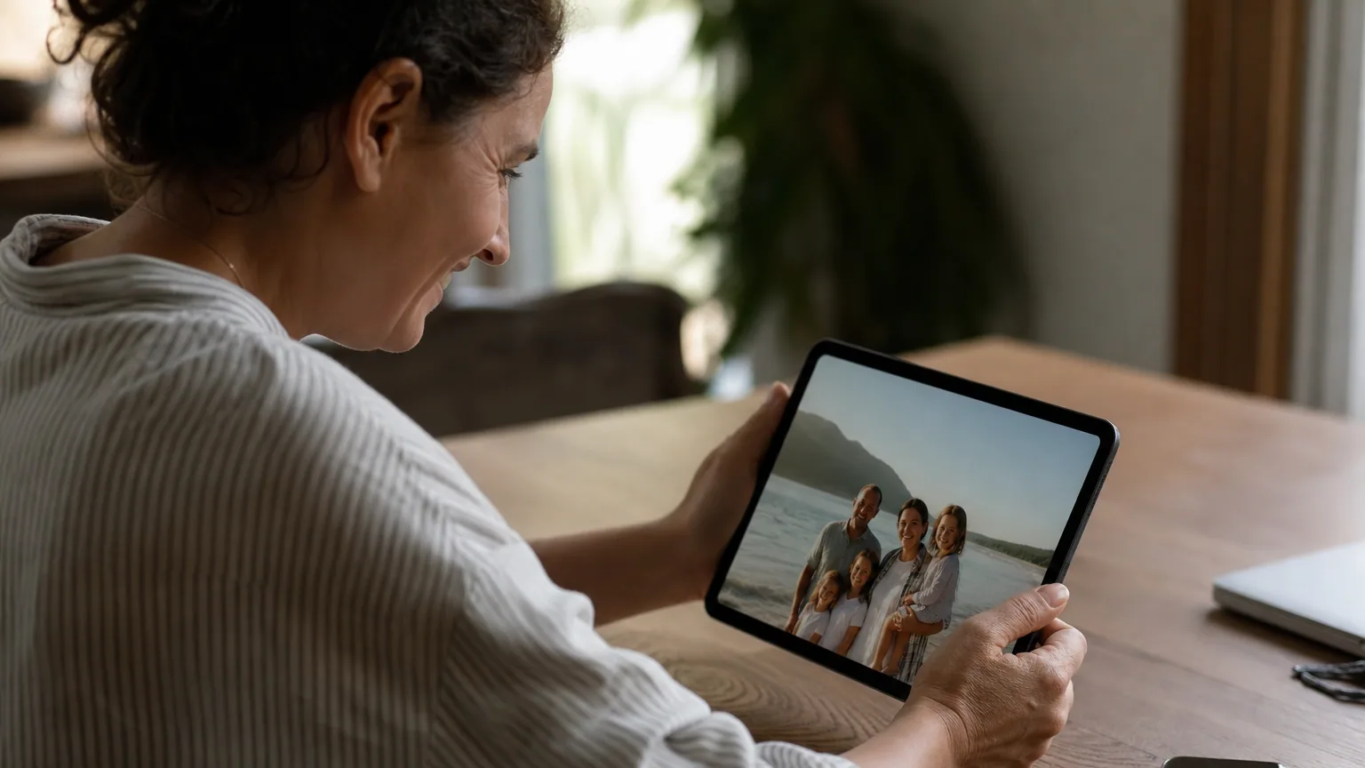 Une personne consulte ses photos sur une tablette, ses fichiers synchronisés entre plusieurs appareils.