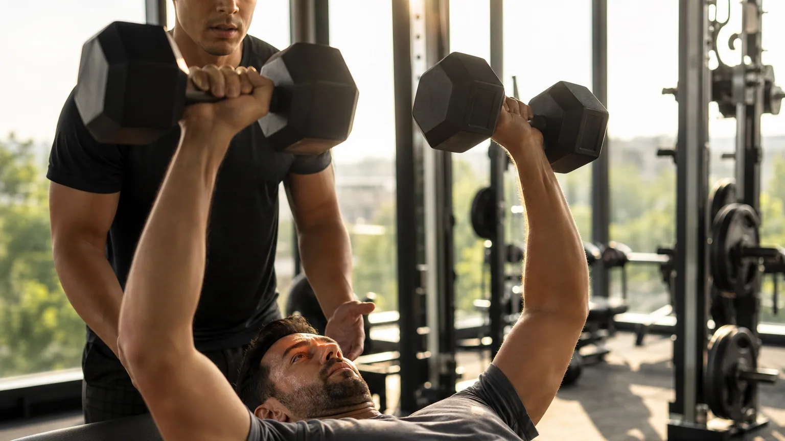 Un homme concentré effectue un développé avec haltères dans une salle de sport lumineuse