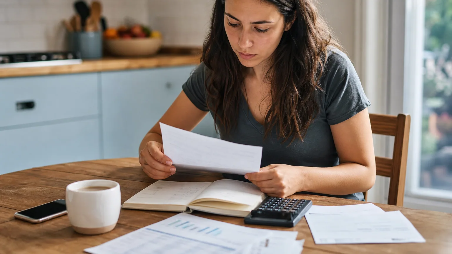 Une femme calcule son budget et son épargne à la table de sa cuisine avec une calculatrice et des relevés bancaires