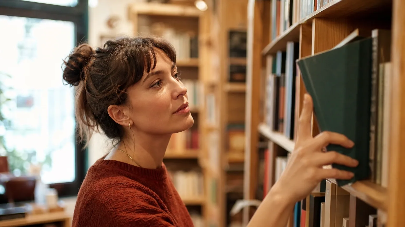 Une lectrice choisit un livre sur une étagère dans une librairie chaleureuse