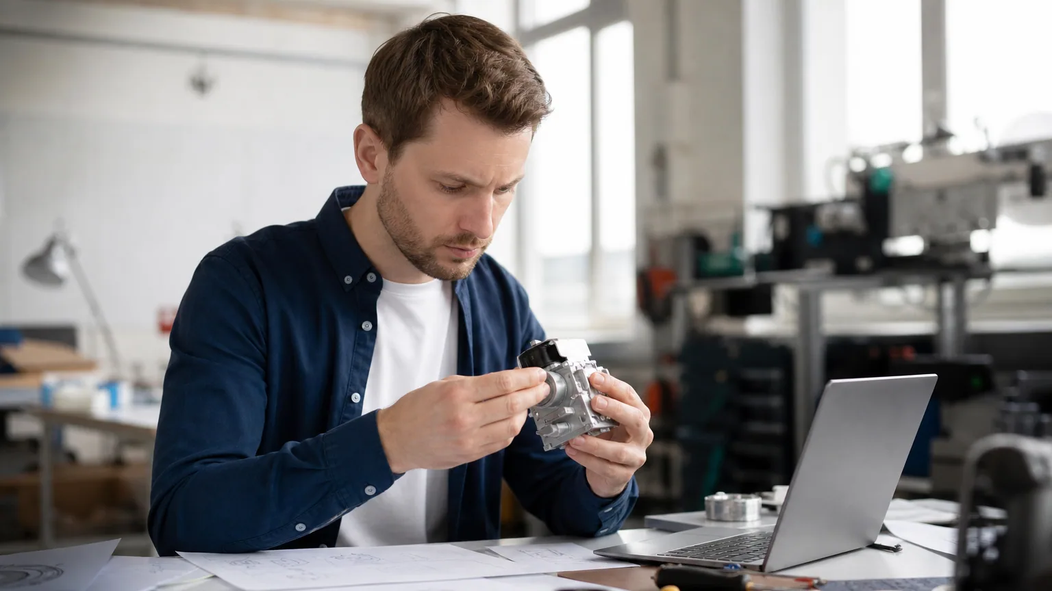 Un inventeur examine un prototype dans son atelier, entouré de plans techniques et d'un ordinateur portable