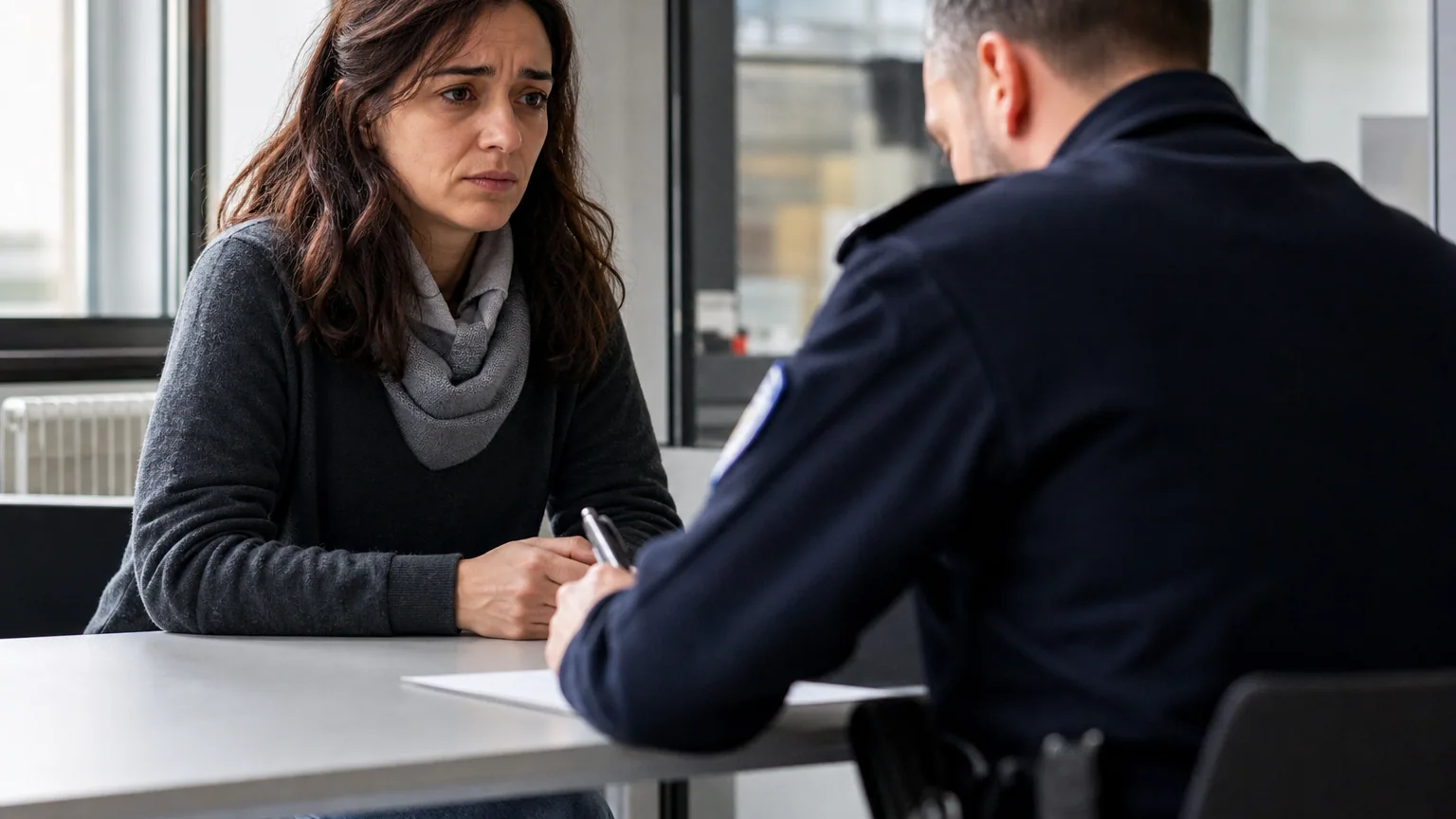 Une femme dépose plainte face à un policier dans un commissariat