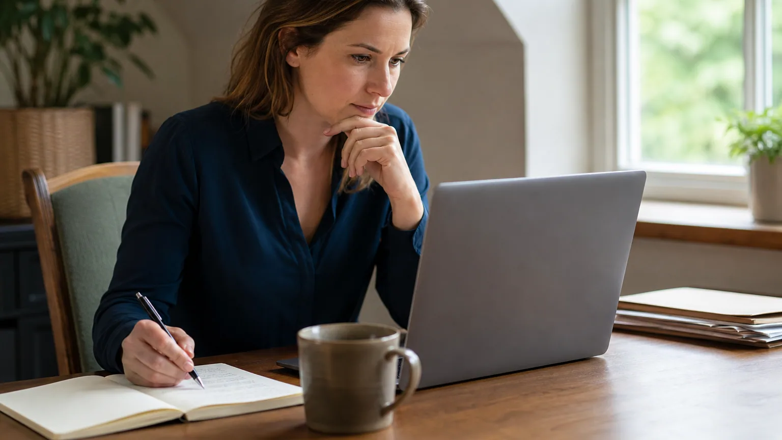 Une femme organise sa recherche d'emploi sur son ordinateur portable à son bureau