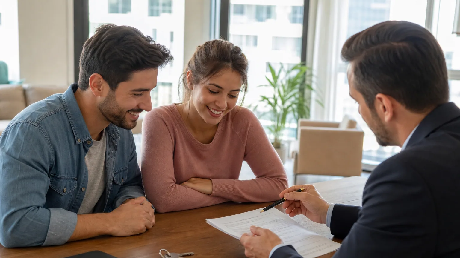 Un couple signe un contrat de location dans un appartement lumineux face au propriétaire