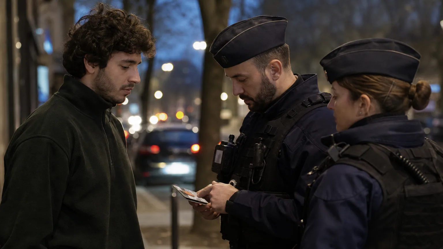Deux policiers procèdent à un contrôle d'identité d'un passant dans une rue en ville