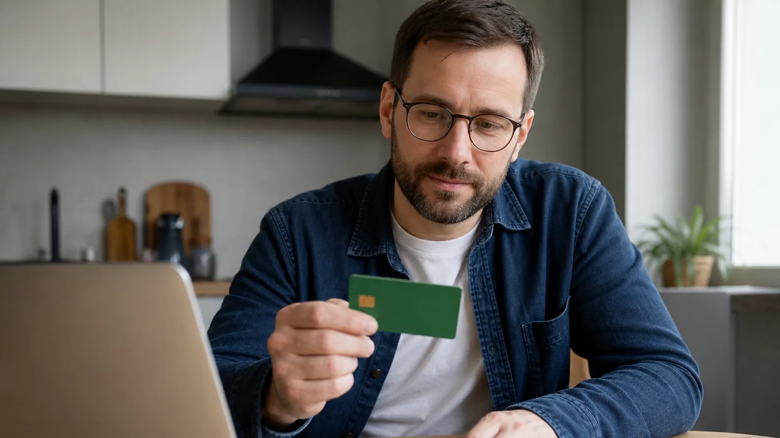 Une personne tient une carte Vitale devant un ordinateur portable lors d'une démarche en ligne