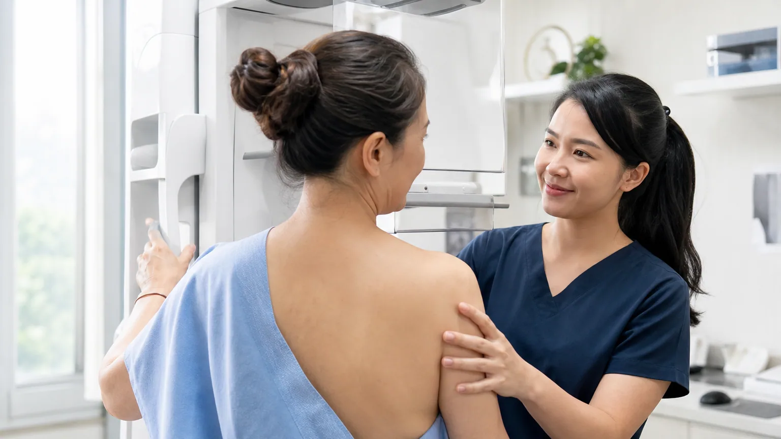Une femme passe une mammographie de dépistage assistée par une manipulatrice en radiologie