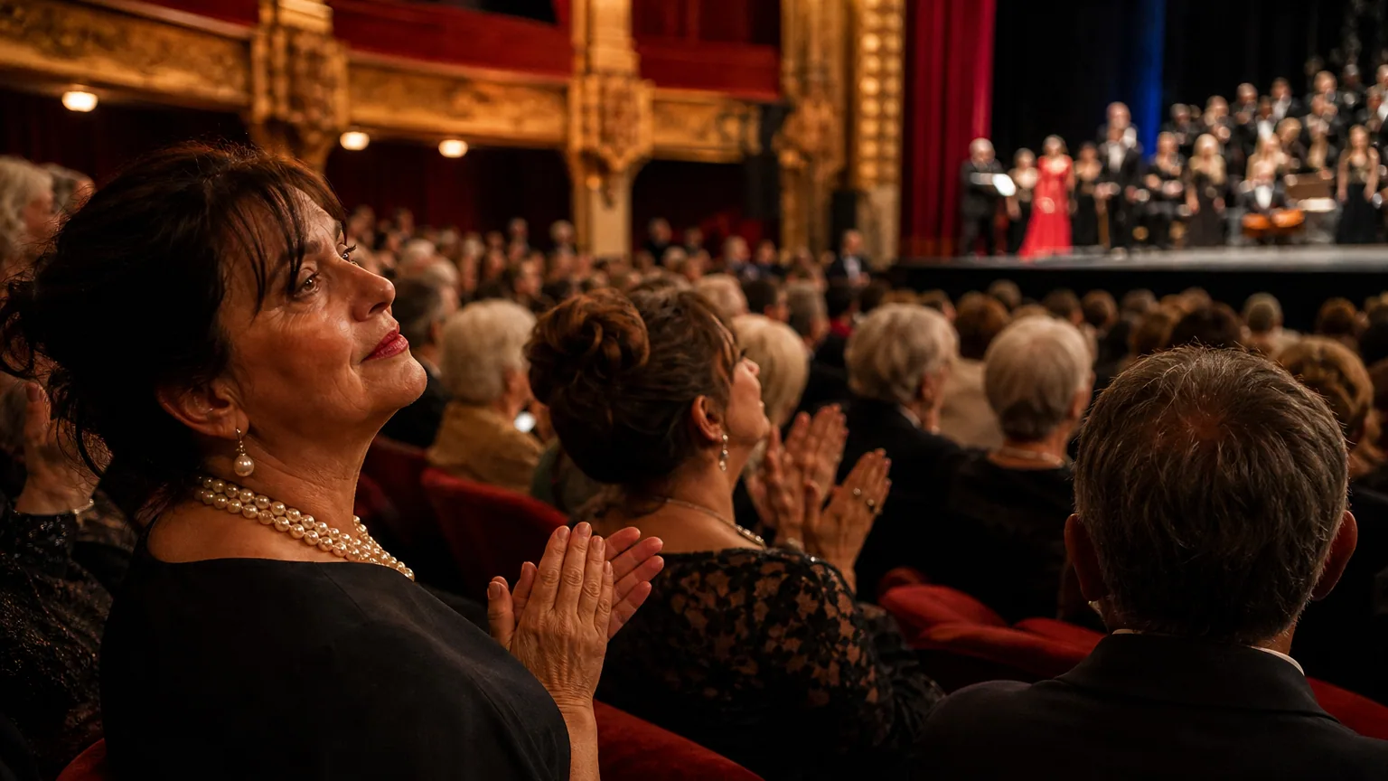 Salle de spectacle à l'italienne avec public installé dans des fauteuils rouges face à la scène