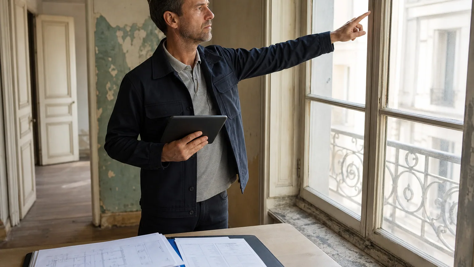 Un diagnostiqueur inspecte les fenêtres d'un logement avec une tablette pour réaliser un DPE