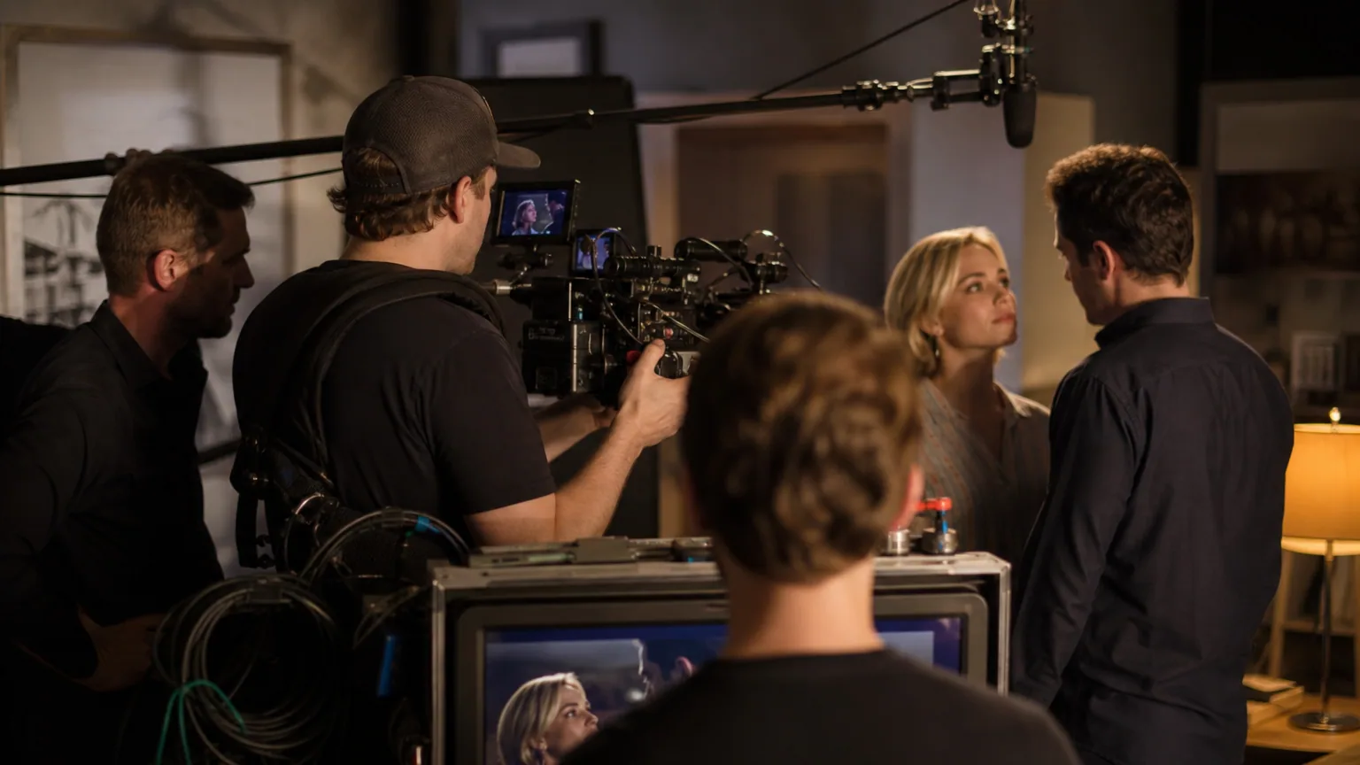 Une équipe de tournage en plein travail sur un plateau de cinéma, réalisateur devant son écran de contrôle