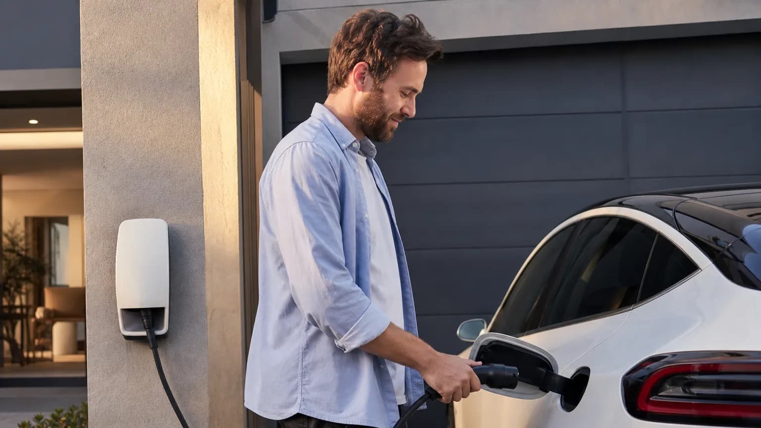 Un homme branche le câble de recharge de sa voiture électrique à une borne murale installée devant son garage