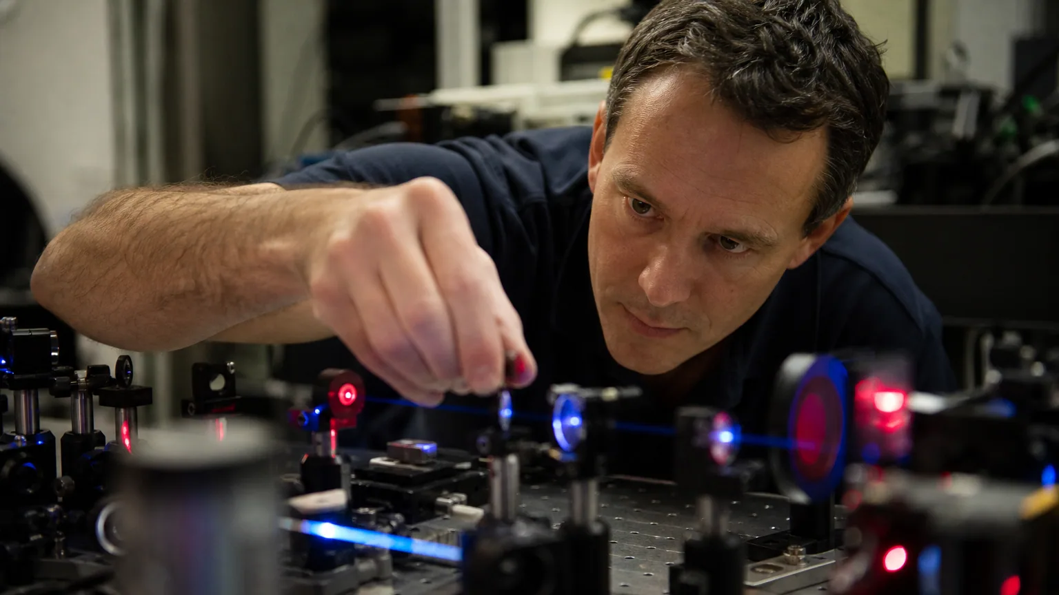 Une physicienne ajuste un dispositif optique avec des faisceaux laser dans un laboratoire de recherche