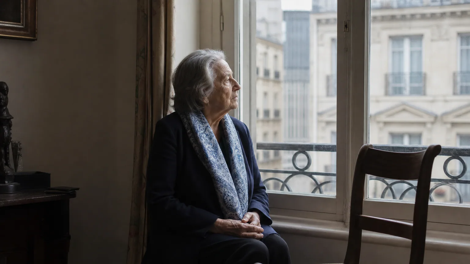 Femme âgée seule devant la fenêtre de son appartement, regard pensif