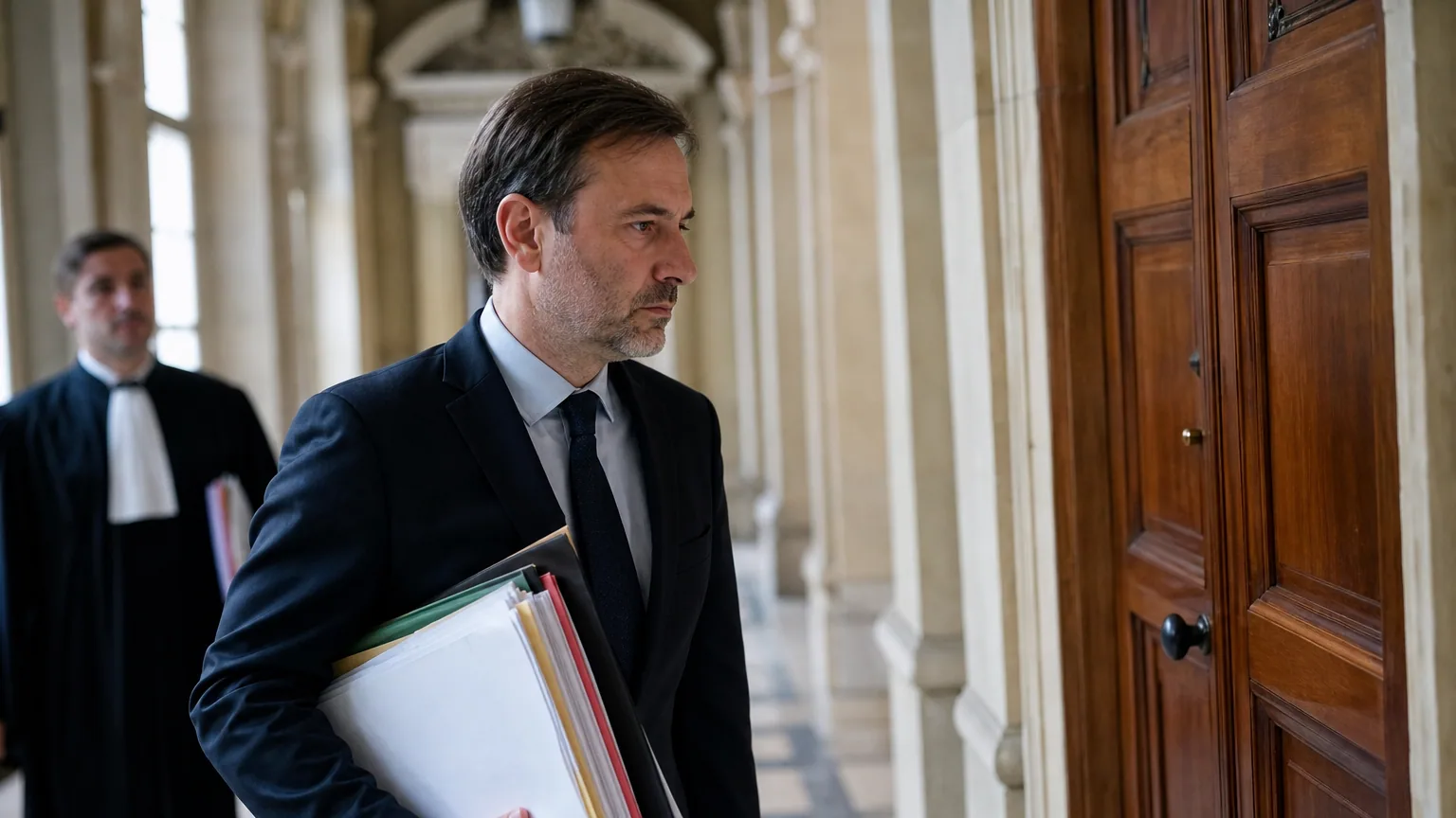 Un magistrat tenant un dossier dans le couloir d'un tribunal, avocat en robe noire flou en arrière-plan.