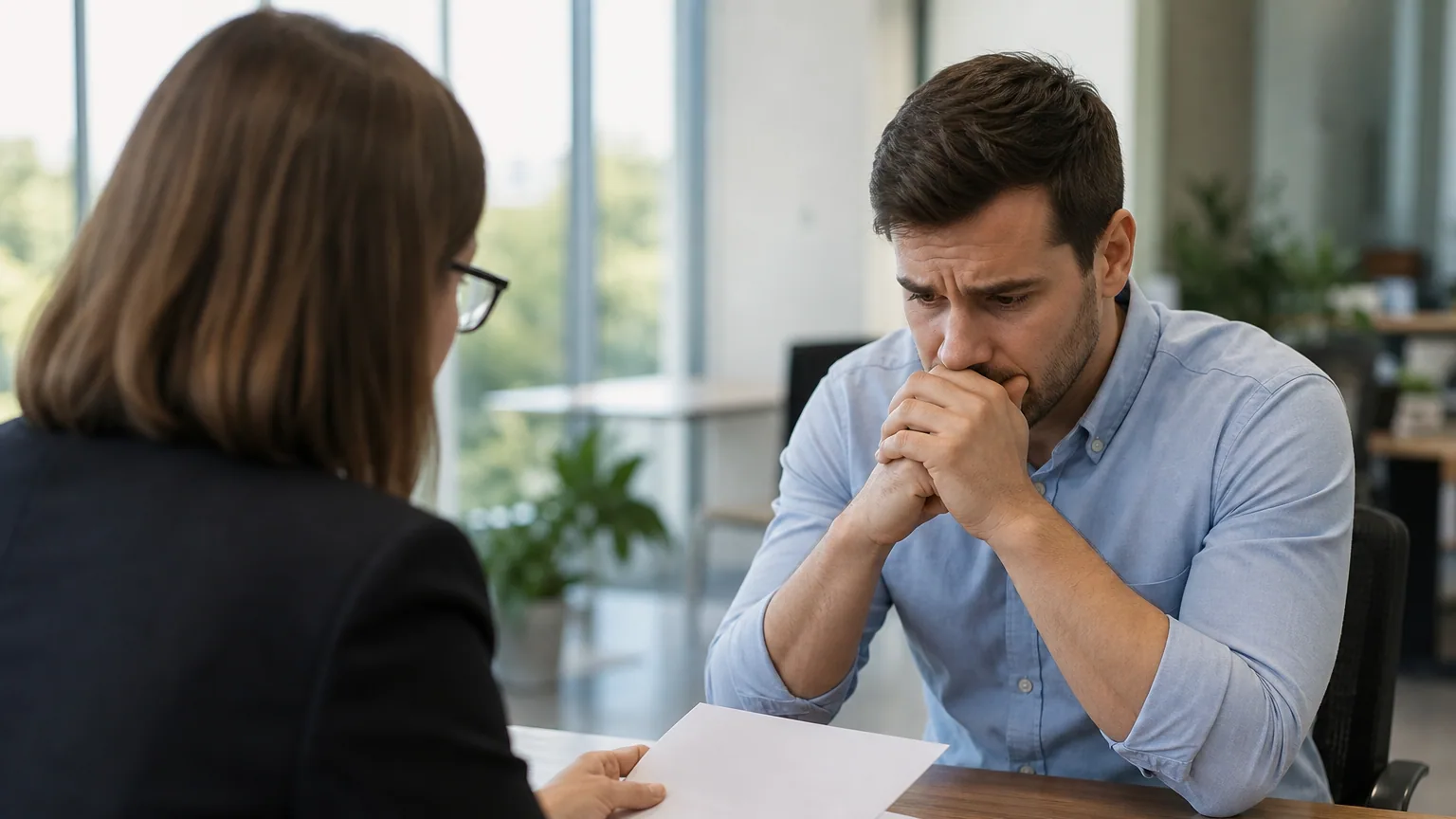 Un salarié inquiet face à une responsable des ressources humaines lors d'un entretien dans un bureau