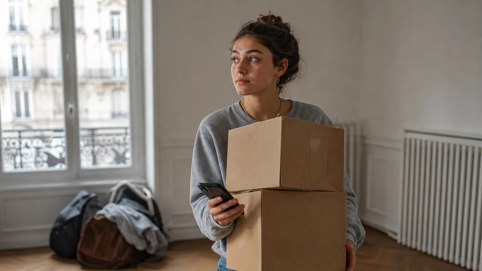 Une étudiante avec des cartons de déménagement dans un petit studio lumineux.