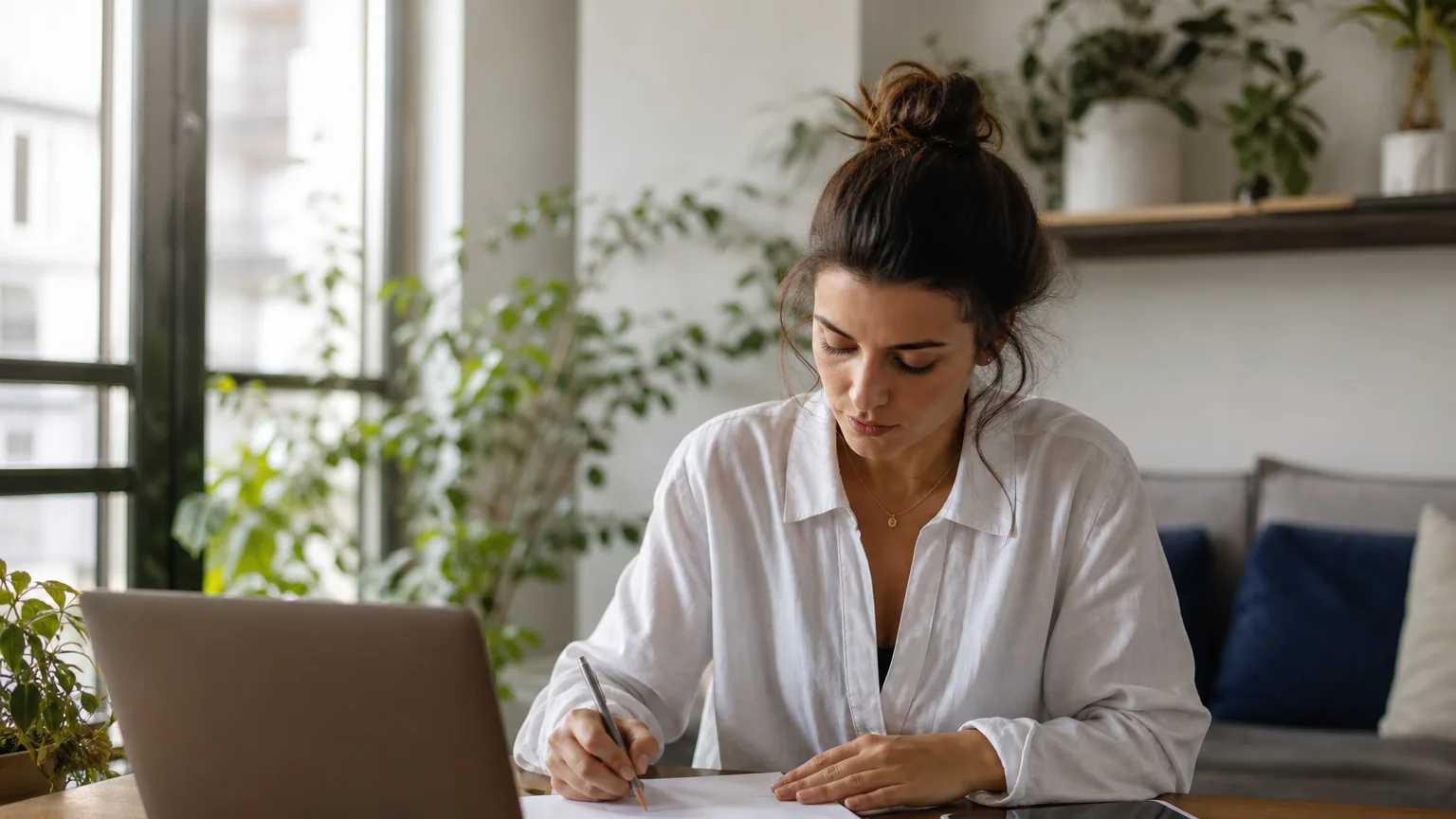 Une personne organise ses notes sur un ordinateur portable, une tablette et un carnet papier à son bureau