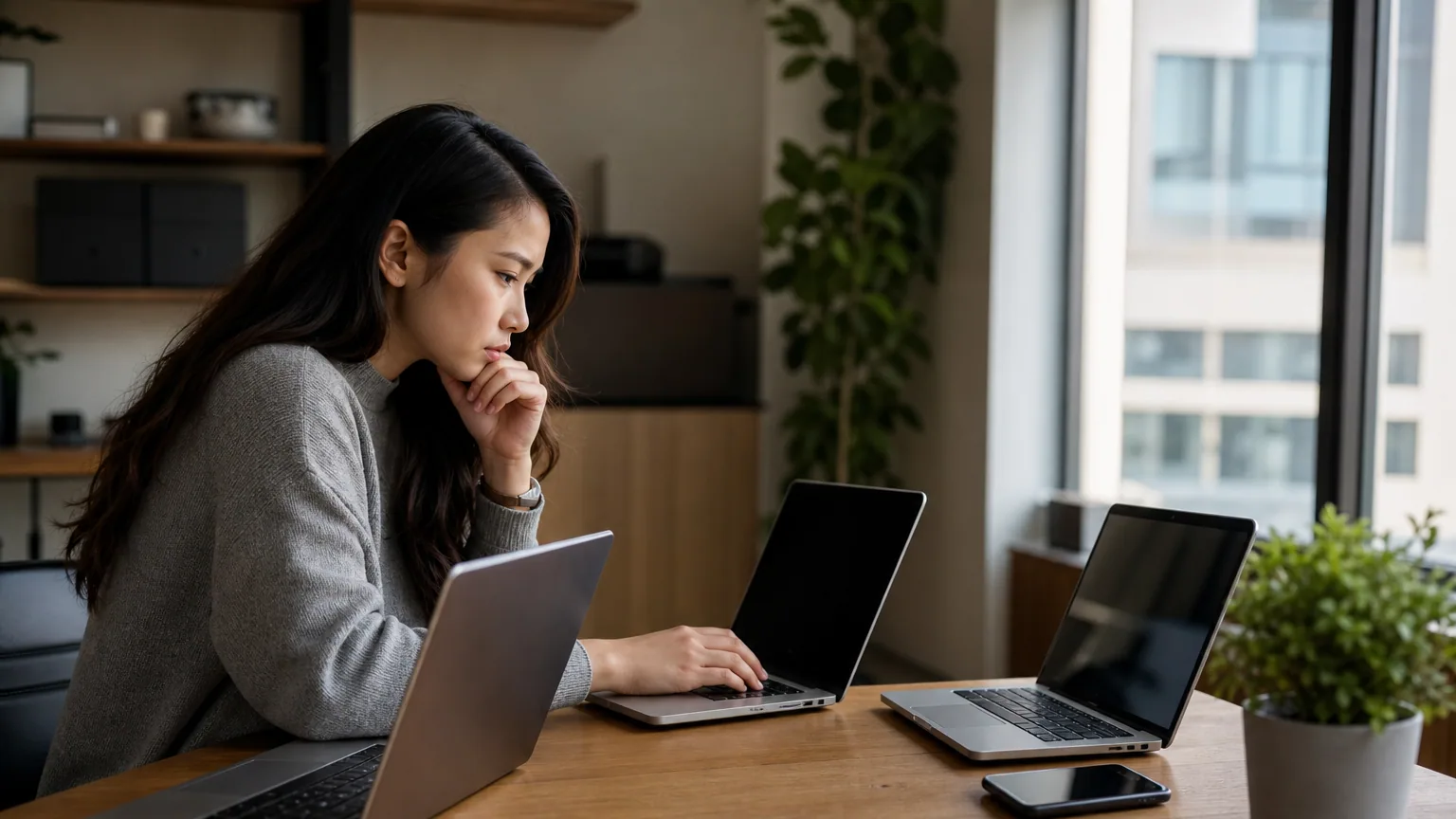 Une personne compare plusieurs ordinateurs et un smartphone posés sur un bureau lumineux