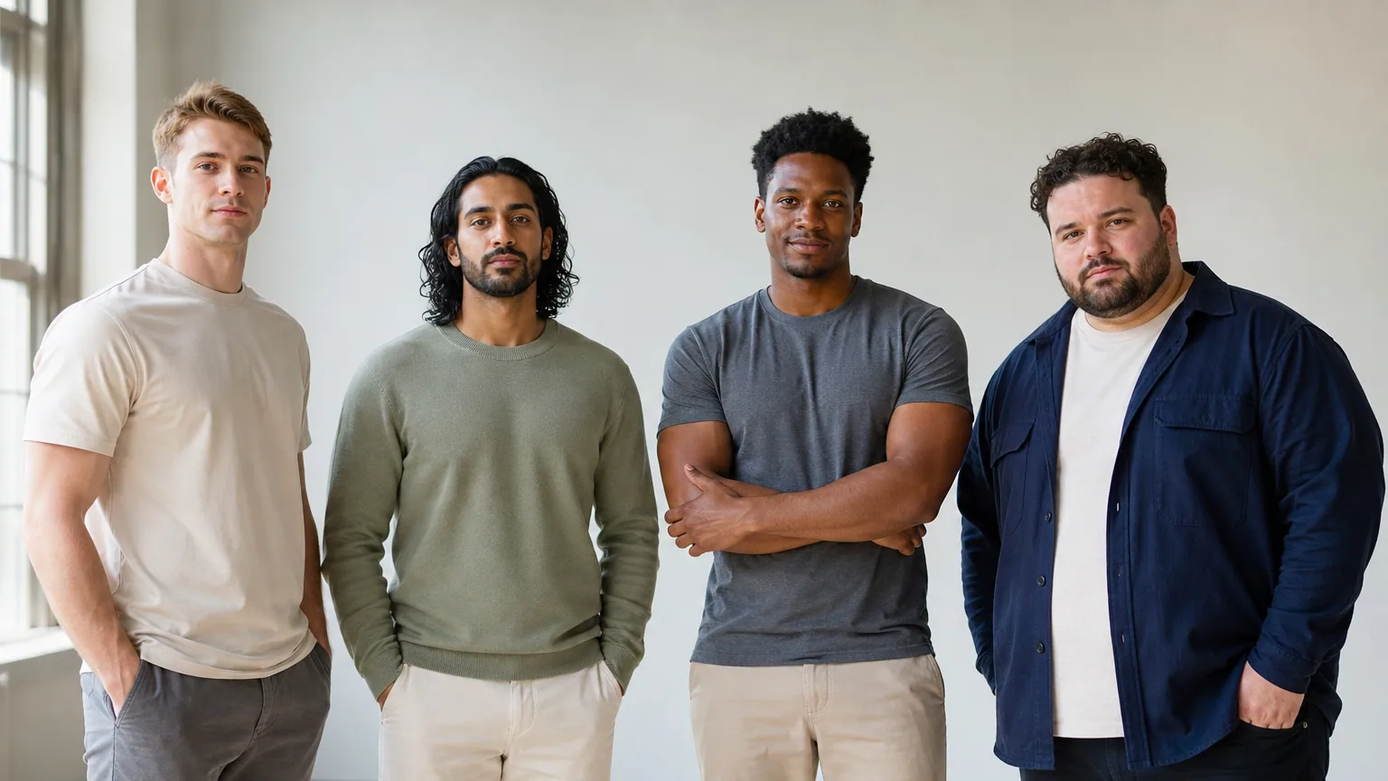 Quatre hommes de morphologies différentes posant côte à côte en tenues ajustées dans un studio lumineux