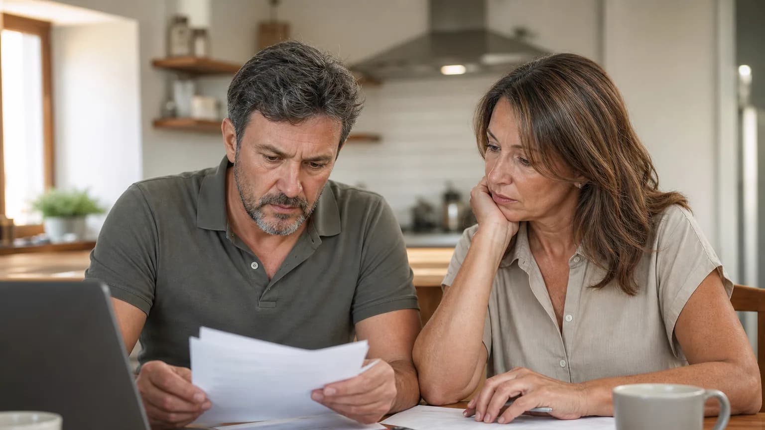 Un couple examine des documents financiers à la table de la cuisine pour préparer sa retraite