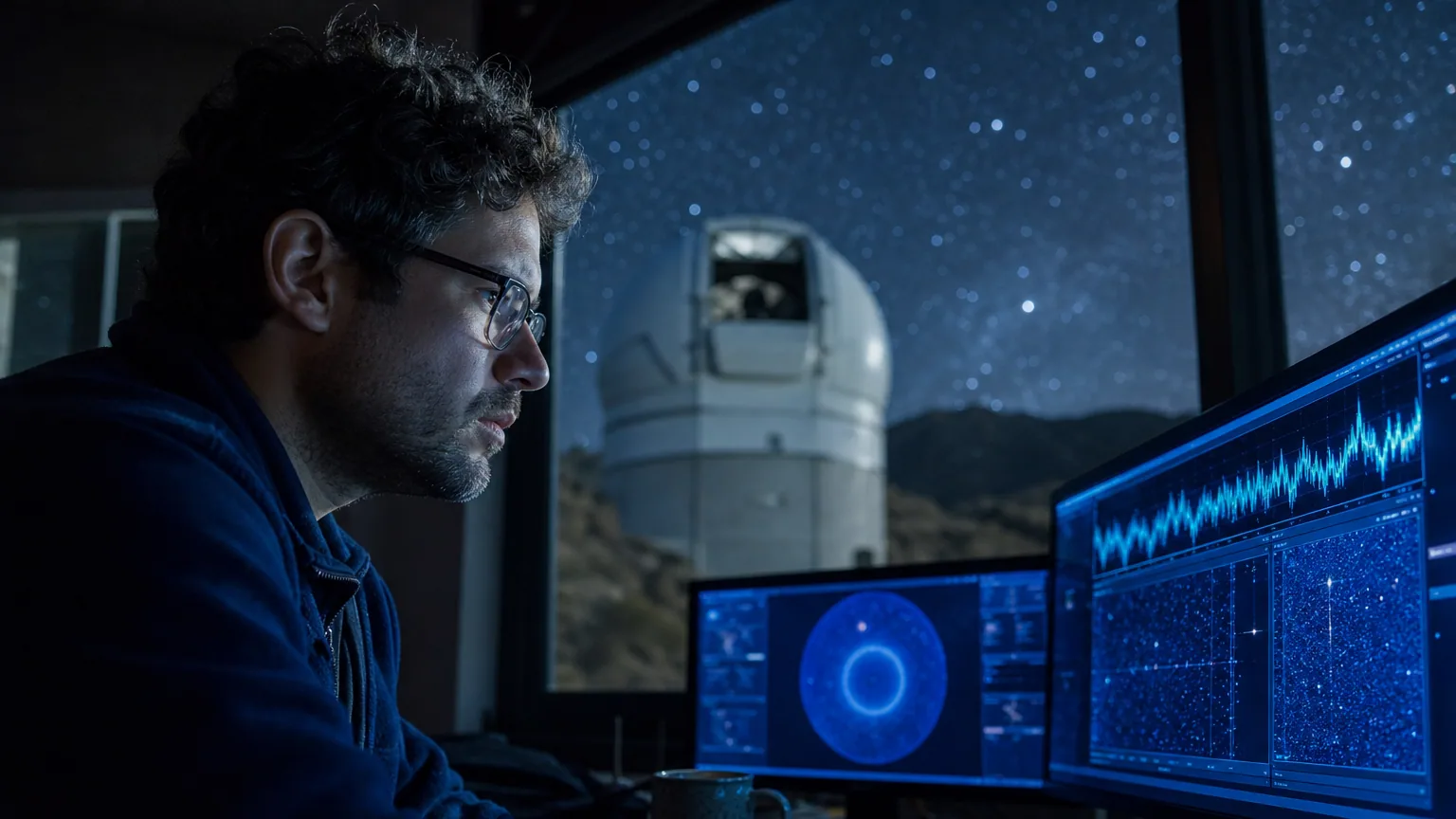 Une astronome observe des données stellaires dans un observatoire la nuit, coupole de télescope en arrière-plan