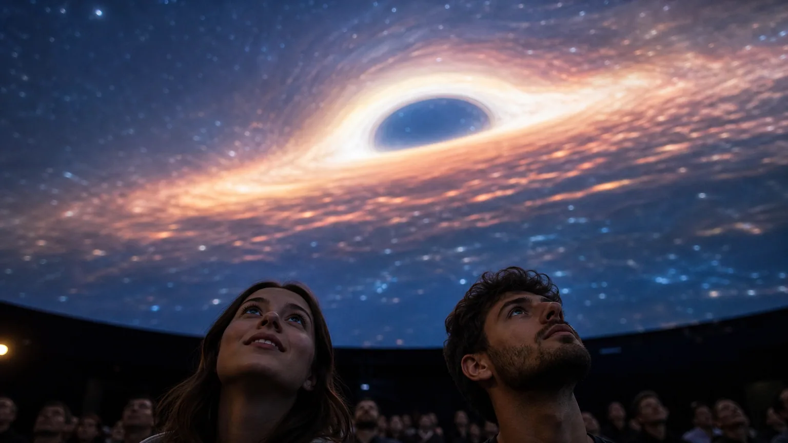 Deux visiteurs émerveillés observant la projection d'un trou noir dans un planétarium