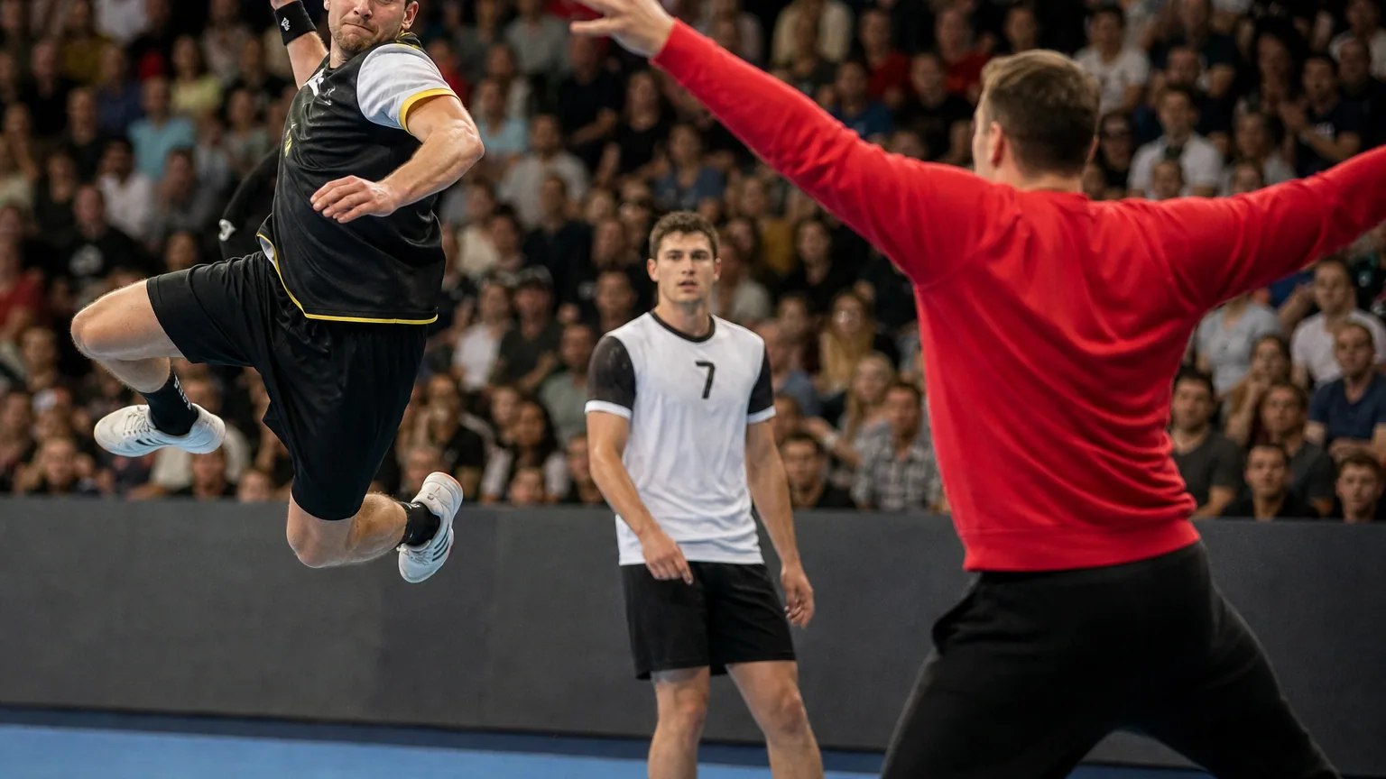 Un joueur de handball saute au-dessus de la zone pour tirer face au gardien lors d'un match en salle