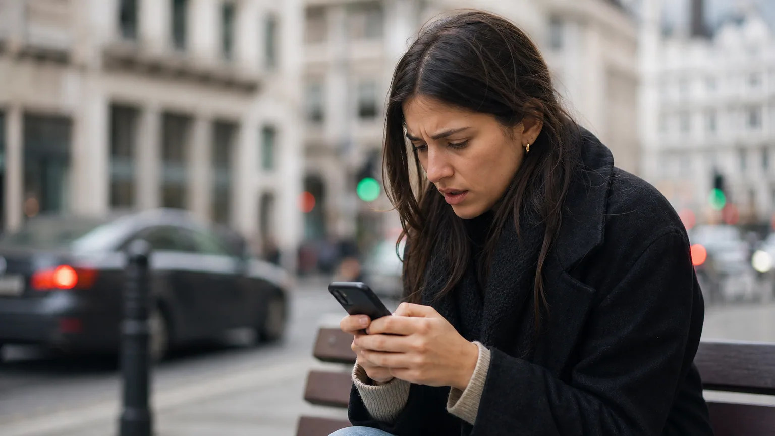 Une femme inquiète cherche son téléphone perdu sur l'écran d'un autre smartphone, assise sur un banc en ville