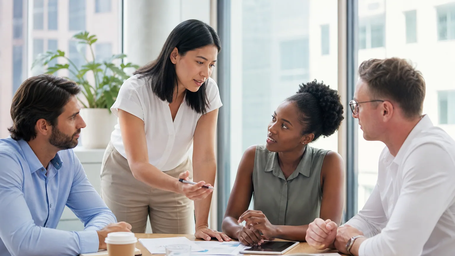 Une manager échange avec son équipe autour d'une table dans un bureau lumineux