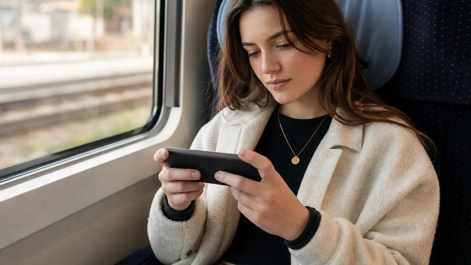 Une jeune femme regarde une vidéo hors connexion sur son smartphone dans un train