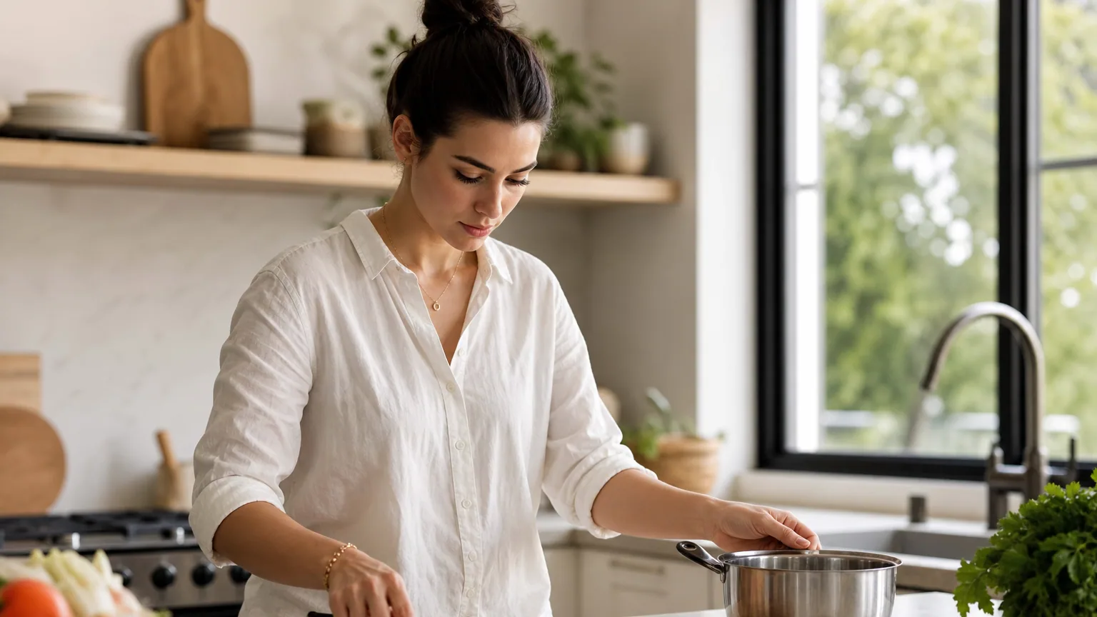 Une personne dispose couteaux, casseroles et planche à découper sur un plan de travail lumineux
