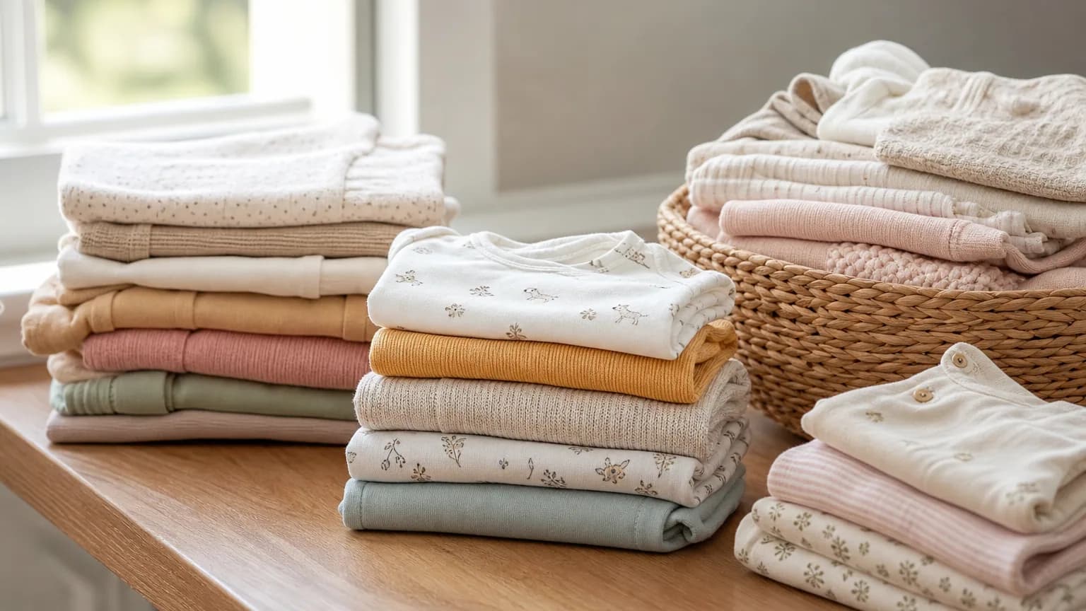 Vêtements de bébé et d'enfant d'occasion pliés et triés par taille sur une table en bois