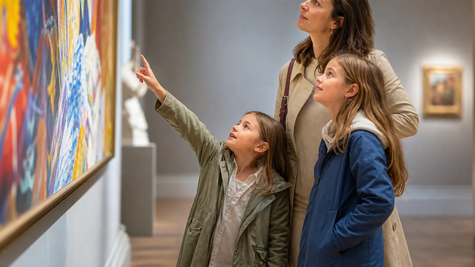 Une mère et ses deux enfants observent avec curiosité un tableau dans une salle de musée lumineuse